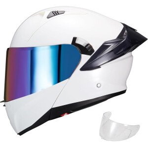 Casco modular de motocicleta de doble visera, abatible, de cara completa, aprobado por el DOT SJ-809 para adultos, hombres y mujeres (blanco brillante, visera arcoíris, L)