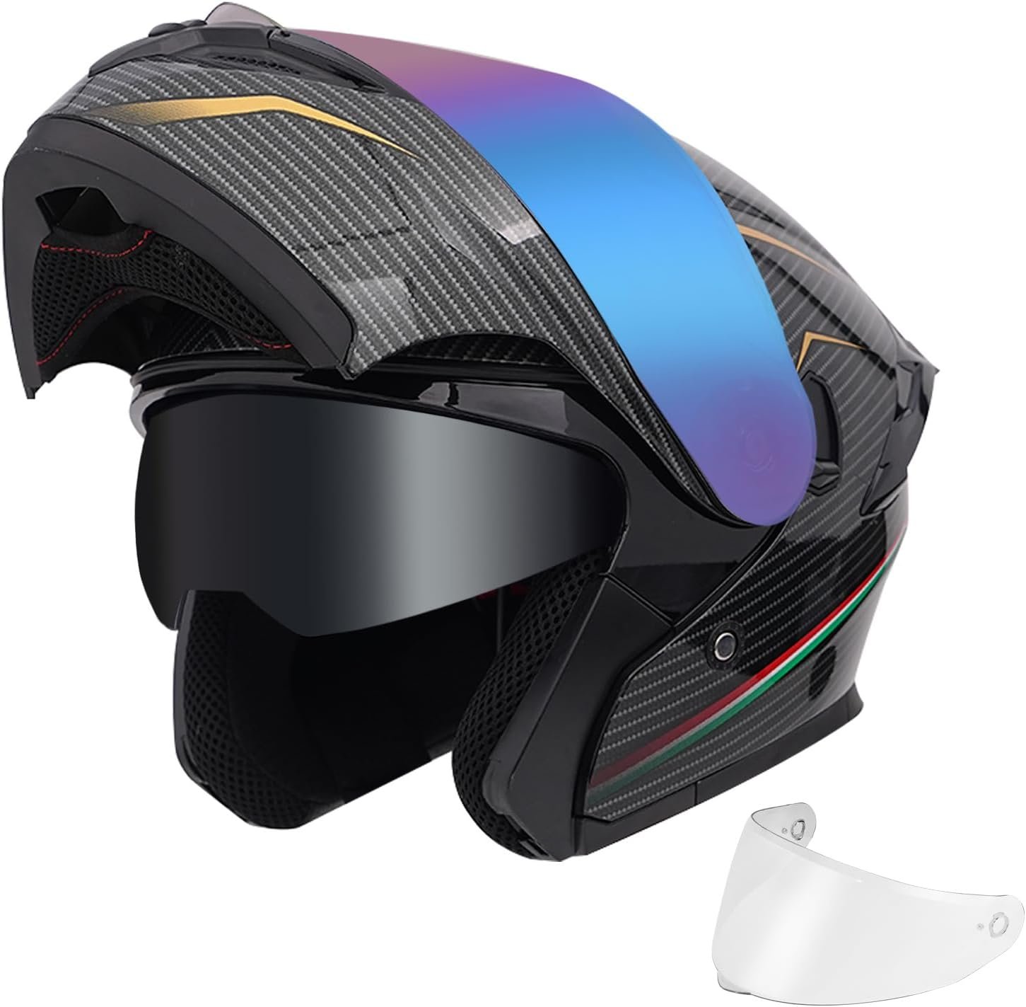 Casco modular de motocicleta de doble visera, abatible, de cara completa, aprobado por el DOT SJ-809 para adultos, hombres y mujeres (blanco brillante, visera arcoíris, L) - Imagen 9