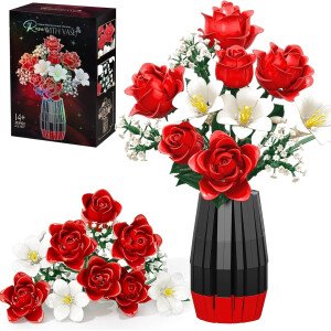 Juego de construcción de ramo de rosas con jarrón incluido, 1077 piezas de flores artificiales kit de colección botánica para adultos, mujeres, hombres y adolescentes, regalos para Navidad, día de San