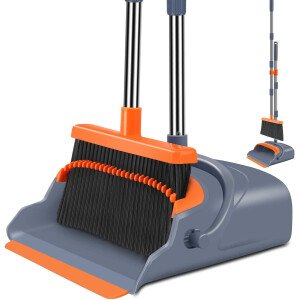 kelamayi Juego de escoba y recogedor mejorado, autolimpieza con dientes de recogedor, barrido interior y exterior, ideal para uso doméstico, escoba de pie y recogedor (gris y naranja)