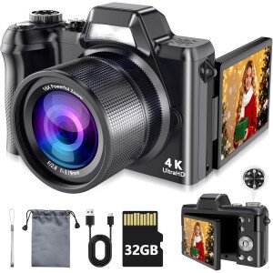 Cámara Digital 4K para Fotografía y Vlogging, Cámaras Digitales de 56MP Tipo Point and Shoot con Pantalla Abatible de 180°, Cámara de Viaje Compacta con Zoom 16X, Cámara Portátil para Adultos y