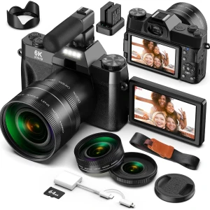 Yatao Cámaras digitales para fotografía y vlogging, pantalla giratoria 6K 64MP, lente dual, micrófono para video, tarjeta TF de 64GB, cámara fotográfica compacta WiFi para kit de viaje de YouTube