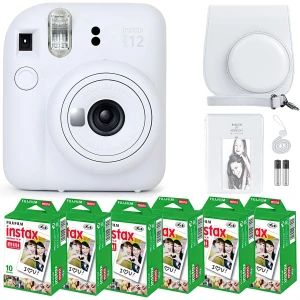 Fujifilm Instax Mini 12 - Cámara con película instantánea Mini Film de Fujifilm (60 fotos), paquete con accesorios con estuche, álbum de fotos y calcomanías (blanco arcilla)