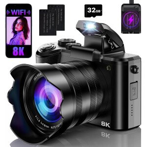 Cámaras digitales 8K para fotografía con WiFi, cámara de enfoque automático de 88 MP para vlogging para YouTube con doble lente, cámara digital de punto y disparo de 16X, pantalla táctil de 3.2